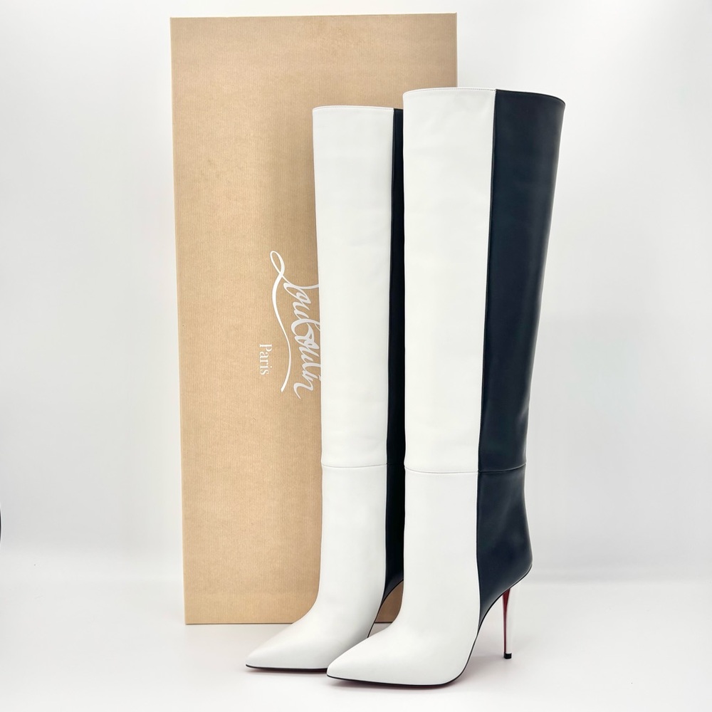 NIB Christian Louboutin Astrilarge Botta 100 Black White Pointed Toe Boots 37.5 - Picture 2 of 10